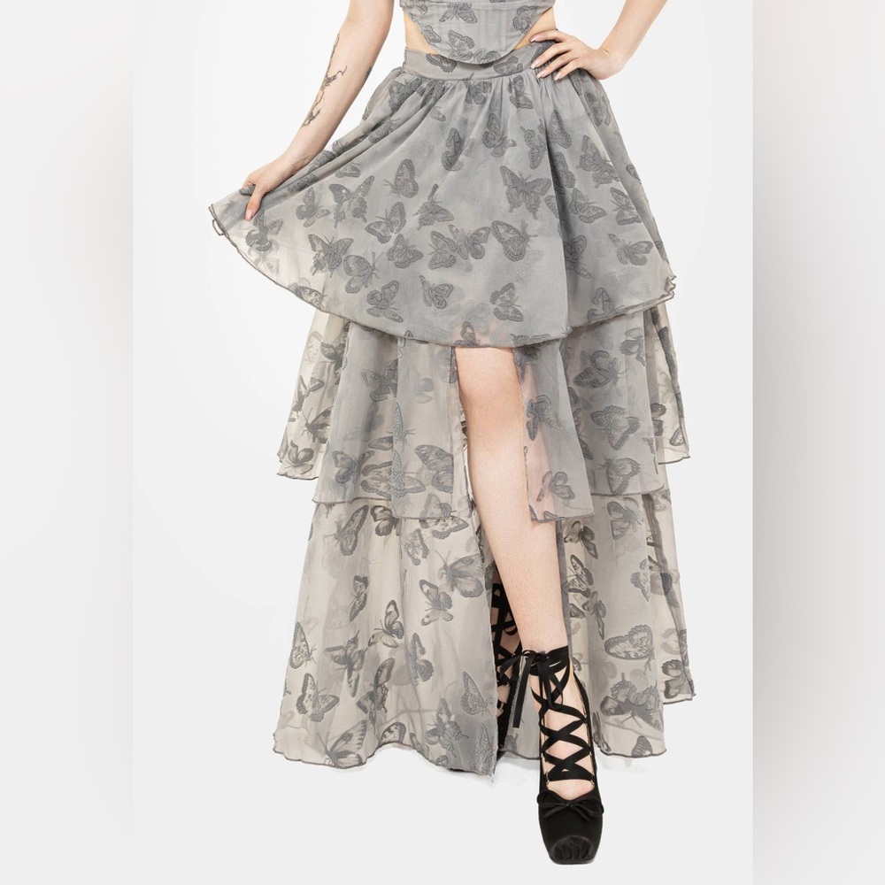 NWT Disturbia Vanessa Butterfly Print Organza Front Split Tiered Maxi Skirt
